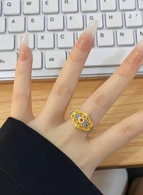 古法烧蓝仿点翠玉兰花戒指配饰女新中式宫廷风精致百搭开口食指
