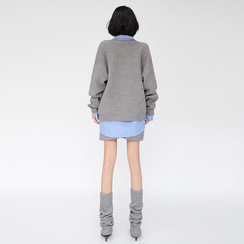 OF U灰色慵懒风针织开衫上衣短裙套装女秋冬叠穿毛衣半身裙两件套,淘宝优惠券,粉丝福利购,淘宝优惠卷