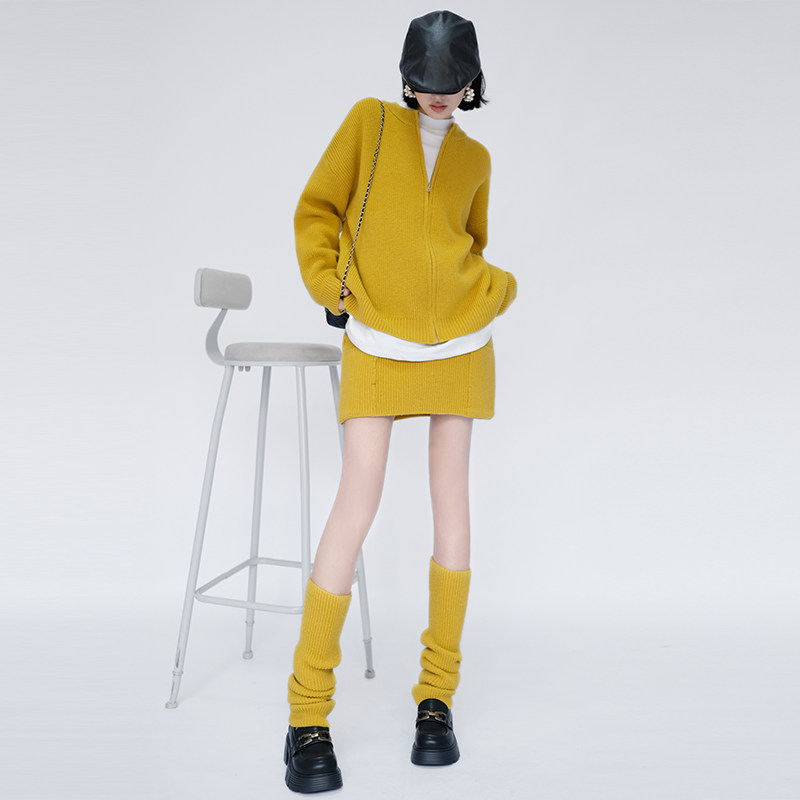 OF U慵懒风黄色毛衣半身裙两件套女秋冬气质宽松针织开衫短裙套装,淘宝优惠券,粉丝福利购,淘宝优惠卷