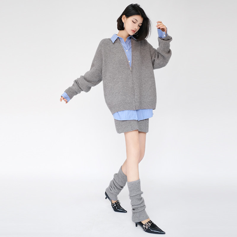 OF U灰色慵懒风针织开衫上衣短裙套装女秋冬叠穿毛衣半身裙两件套,淘宝优惠券,粉丝福利购,淘宝优惠卷