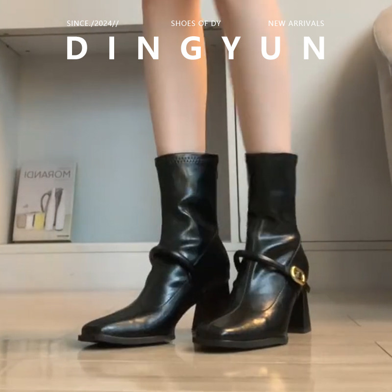 羊皮版dingyun丁允瘦瘦靴女粗跟骑士靴加绒高跟中筒靴法式马丁靴,淘宝优惠券,粉丝福利购,淘宝优惠卷