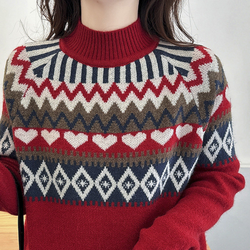 大码毛衣女胖mm秋冬2024新款时尚民族风提花半高领打底针织衫上衣,淘宝优惠券,粉丝福利购,淘宝优惠卷