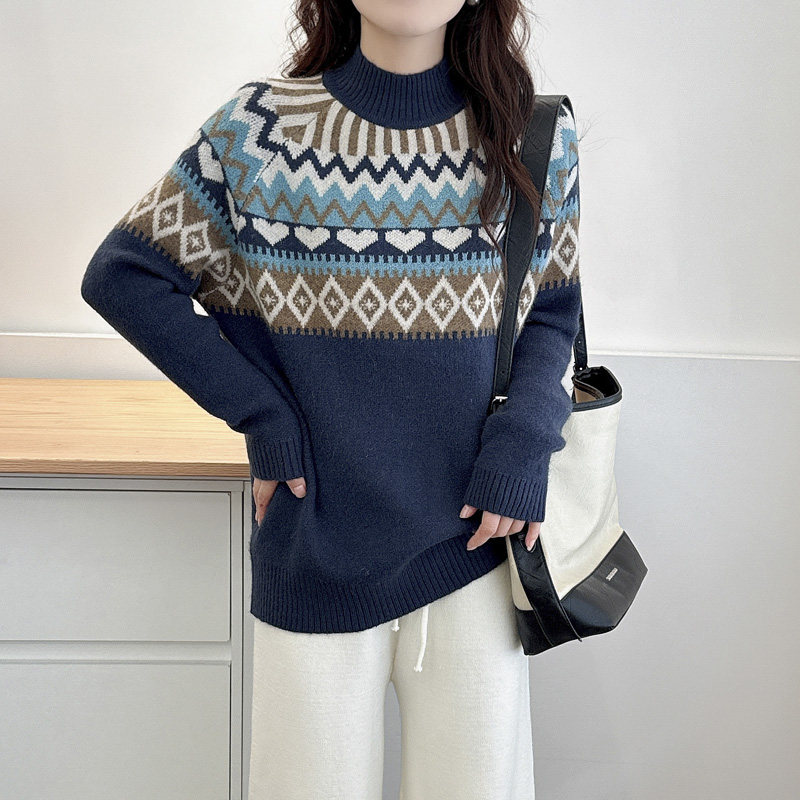 大码毛衣女胖mm秋冬2024新款时尚民族风提花半高领打底针织衫上衣,淘宝优惠券,粉丝福利购,淘宝优惠卷