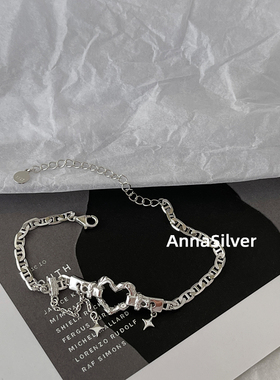 通体S925纯银冷淡甜酷风爱心皮带造型芒星猪鼻手链