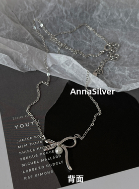 通体S925纯银时尚简约气质甜美通勤珍珠蝴蝶结项链短款