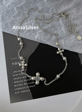 通体S925纯银时尚冷淡甜酷欧泊十字圆珠肌理短款项链