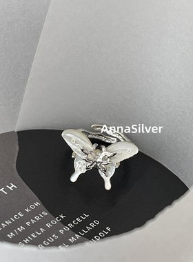 通体S925纯银时尚冷淡风贝壳蝴蝶戒指开口指环可调节