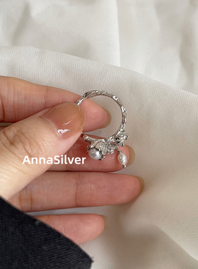 通体S925纯银冷淡风铃兰花珍珠戒指开口指环