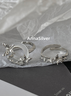 通体S925纯银简约个性冷淡风新中式白玉髓蝴蝶戒指开口指环可调节