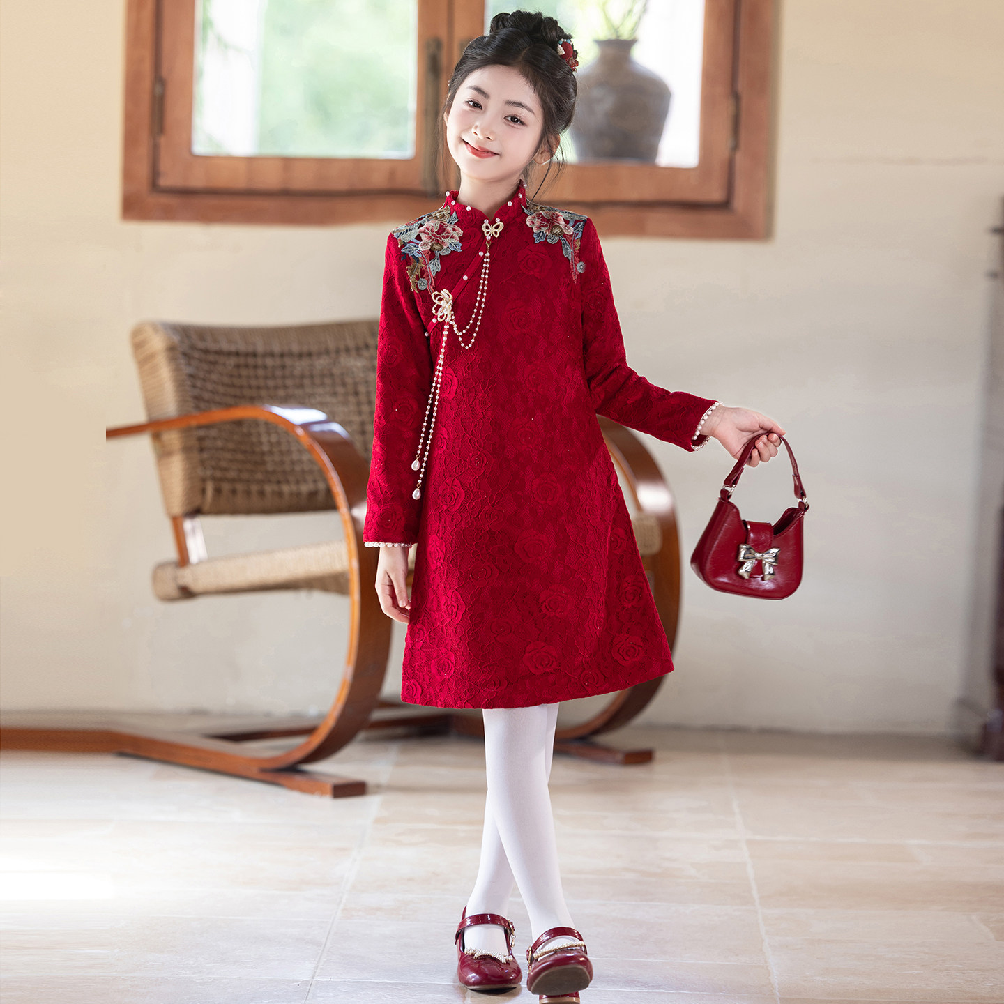 女童旗袍拜年服新中式女孩国风红色高端新年礼服儿童过年唐装冬季,淘宝优惠券,粉丝福利购,淘宝优惠卷