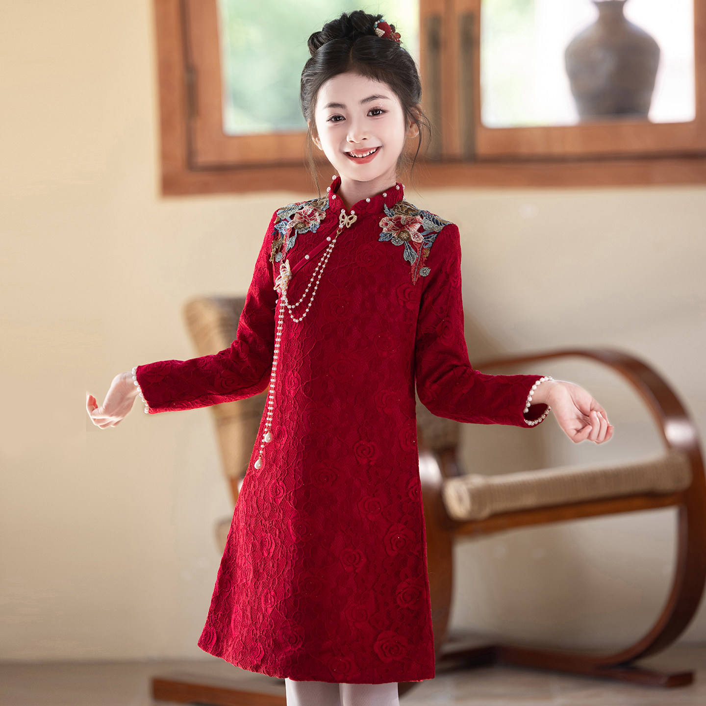 女童旗袍拜年服新中式女孩国风红色高端新年礼服儿童过年唐装冬季,淘宝优惠券,粉丝福利购,淘宝优惠卷