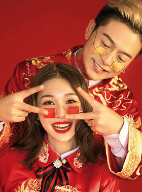 个性国潮风墨镜圆形红色拍照男女