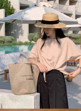 渠道货日本特细拉菲草平顶帽百搭防晒平沿法式草帽度假遮阳帽女