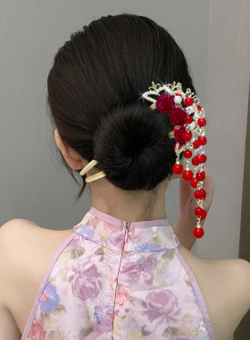 古风玫瑰花流苏U型发簪