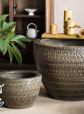 鱼缸落地摆件庭院园林现代陶瓷平口大缸粗陶手工圆坛水缸大花盆