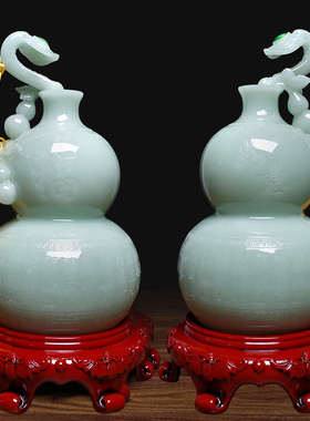 葫芦摆件玉石一对现代简约客厅酒架装饰电视柜摆设高档送礼工艺品