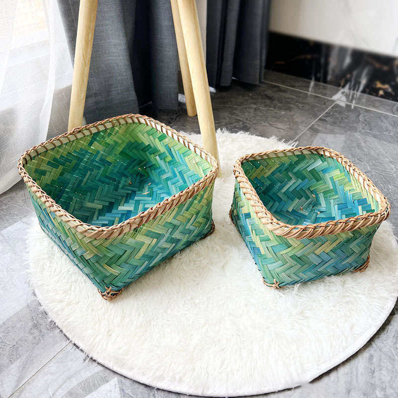 编织竹篮收纳筐正方形储物装饰民族风大小号绿色竹片手工编制杂物,淘宝优惠券,粉丝福利购,淘宝优惠卷
