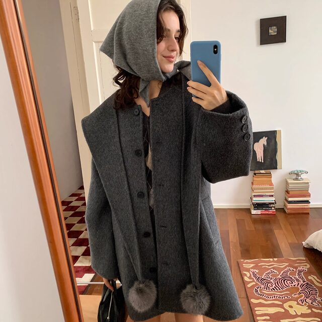 KERNEL COSMOS青森降雪季 可拆女巫帽披肩毛球两穿骆驼绒手工大衣