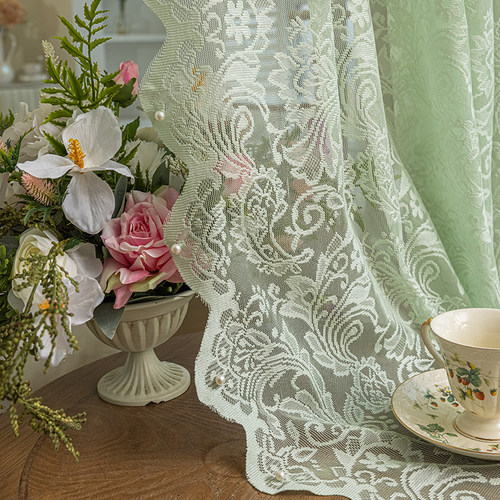 免打孔魔术贴穿杆窗帘窗纱帘法式白色蕾丝客厅阳台飘窗门帘短隔断 - 图2