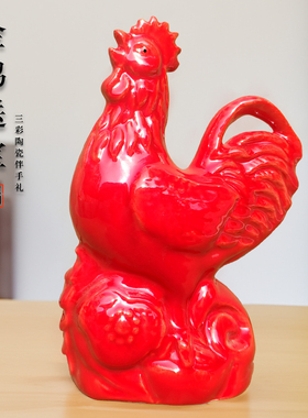 红色陶瓷公鸡摆件大号