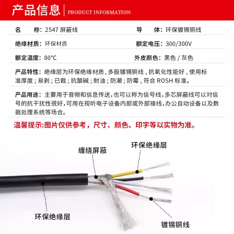2547多芯屏蔽线 2/3/4芯 镀锡铜音频线 数据线 缠绕 加地屏蔽线 - 图1