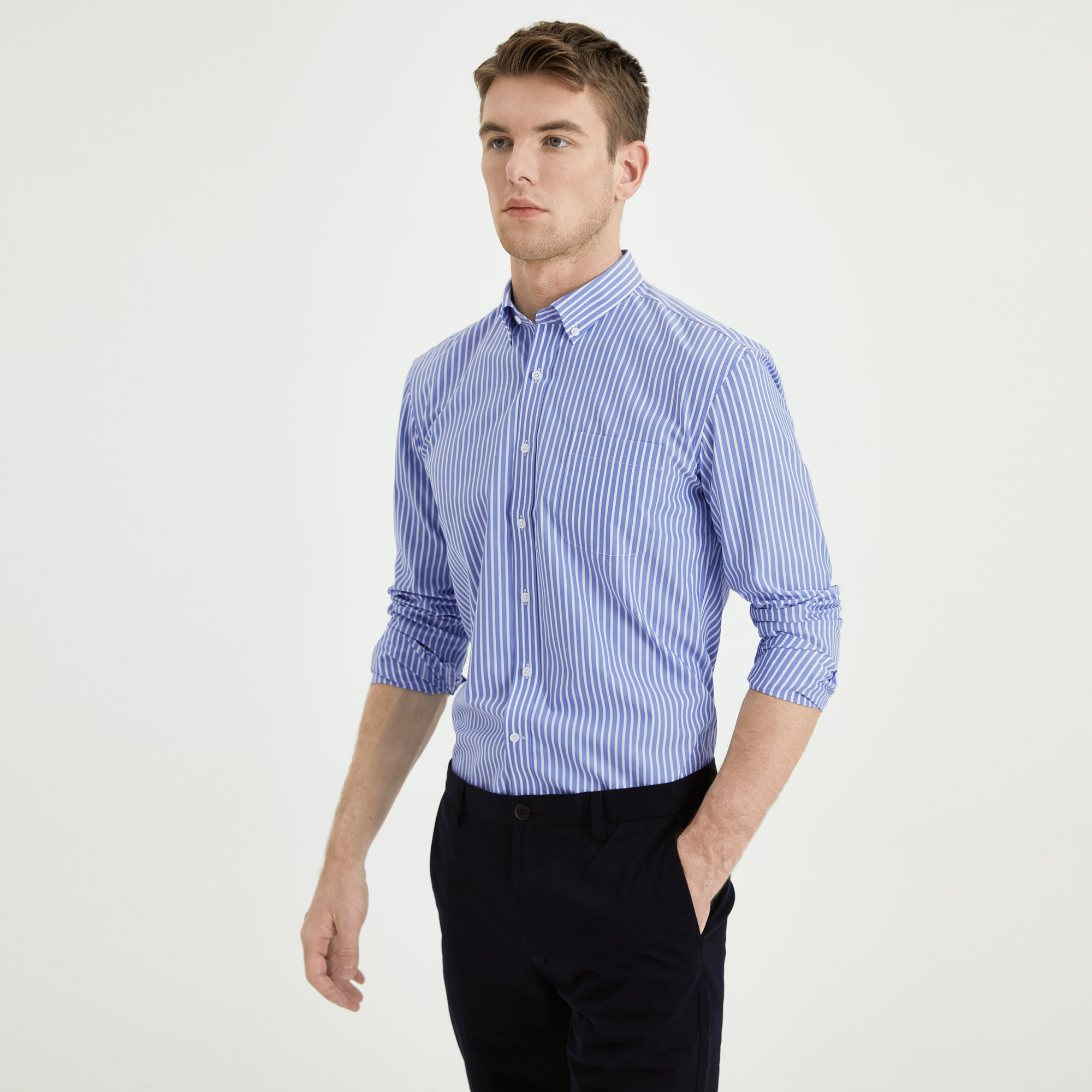 SmartFive男士商务职业衬衫蓝白条纹纯棉抗皱修身衬衣男长袖薄款-图0