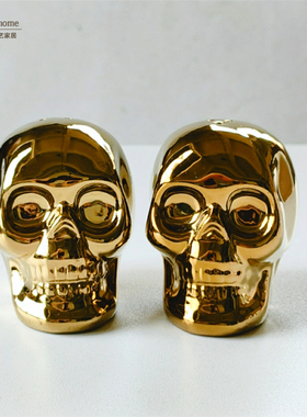 陶瓷骷髅头摆件 个性万圣节礼品 节日派对调味瓶 金色银色骷髅头