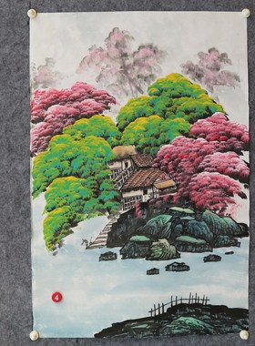 手绘桃花山水春景图国画福地雅居客厅玄关富山春居图挂画特价E2