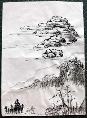 A4纸宣纸国画手绘小品山水画