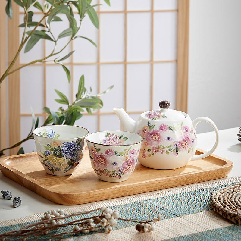 日本进口美浓烧陶瓷茶壶茶杯套装日式和风家用花水彩茶具礼盒