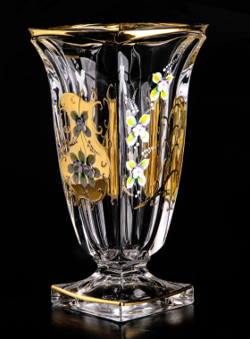 新品捷克原装进口BOHEMIA金色珐琅花水晶玻璃花瓶插花客厅摆件