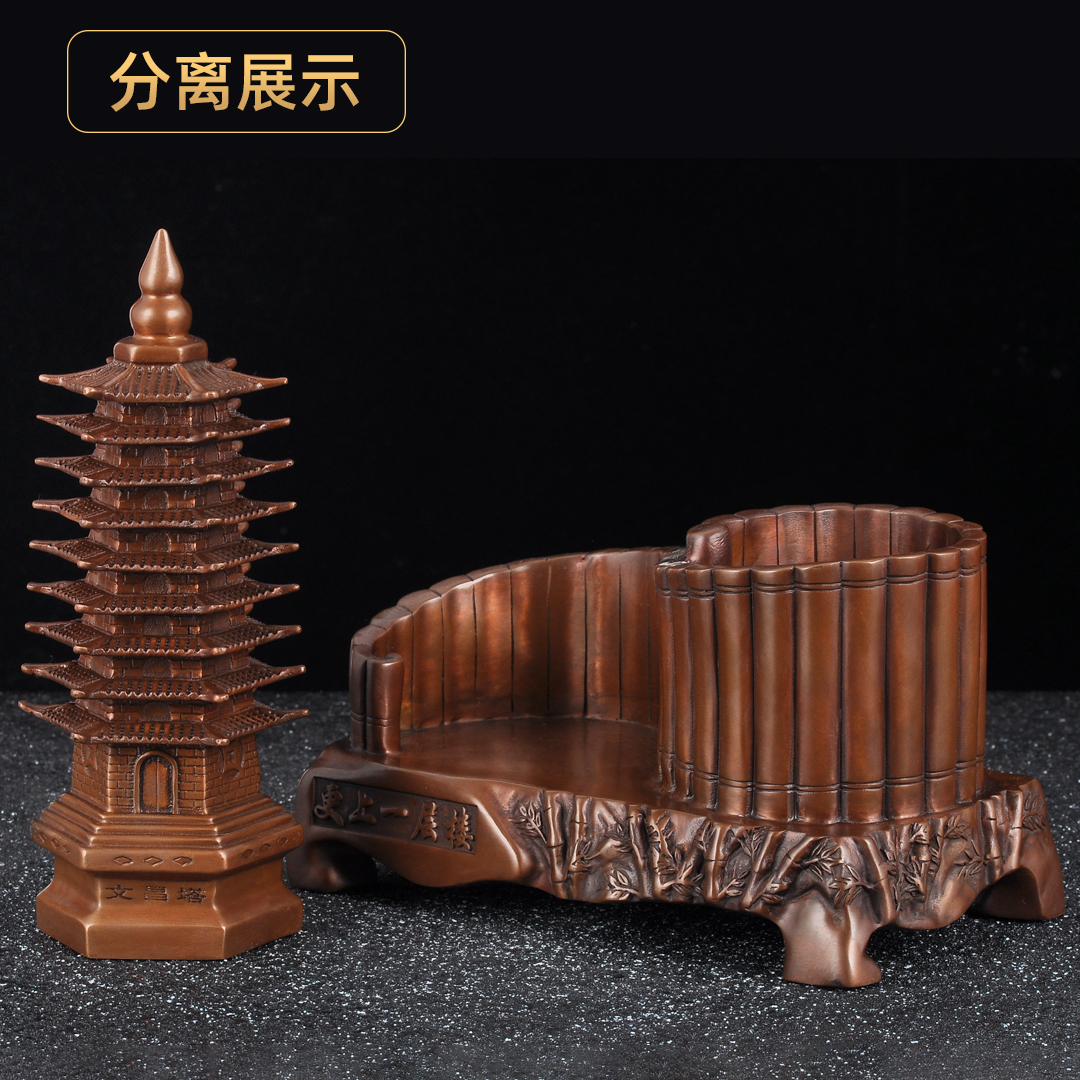 紫铜更上一层楼笔筒摆件步步高升高档铜笔筒家居书房办公室装饰品