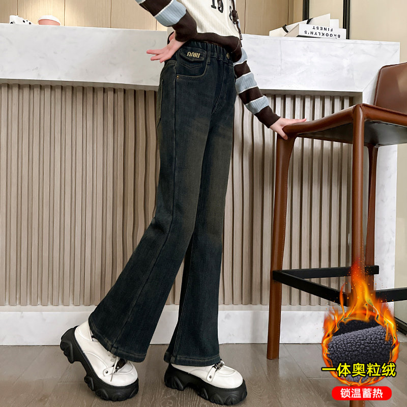 冬季女童加绒牛仔裤一体绒2023新款小女孩微喇裤磨毛加绒加厚软,淘宝优惠券,粉丝福利购,淘宝优惠卷