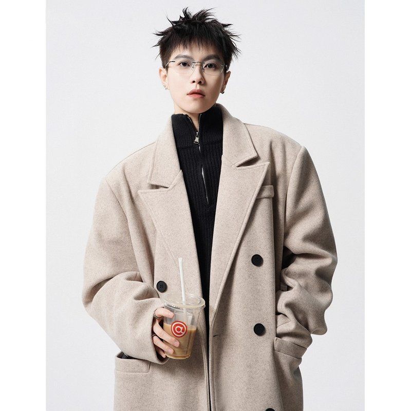 风衣vibe潮重磅外套垫肩毛呢大衣中长款春秋冬季男百搭韩版学院风 - 图2
