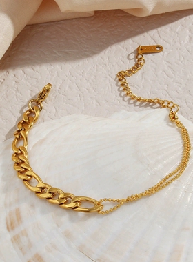 欧美ins摩登简约混搭气质链条饰品 不锈钢镀18K金不对称链条手链