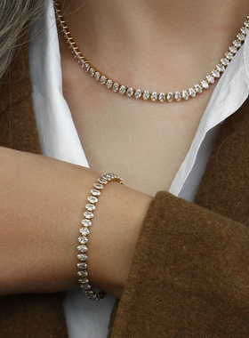 欧美摩登潮流气质百搭锁骨链饰品 不锈钢镀钻石型锆石手链项链套