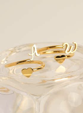 【现货】初始字母戒指26字母指环立体爱心尾戒开口可调节不锈钢