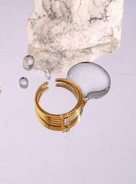 欧美ins摩登简约潮流指环饰品 不锈钢镀18K开口三个方钻条纹戒指