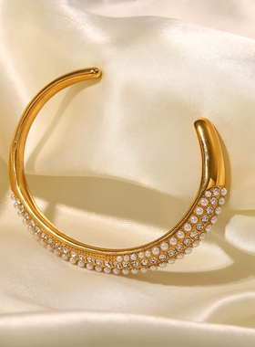 INS摩登新款百搭钛钢手镯18K镀金多层满钻珍珠手环潮流女式手饰