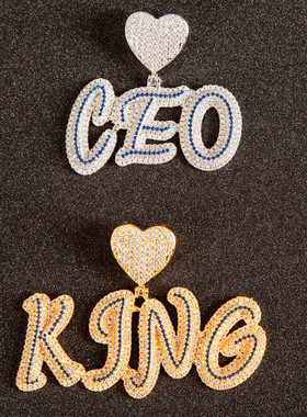 欧美嘻哈微镶锆石爱心扣头蓝钻签名字母数字大小写混合项链锁骨链