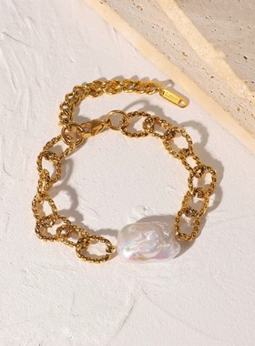 巴洛克风格18K镀金不锈钢手链复古巴洛克淡水珍珠麻花链条手链女