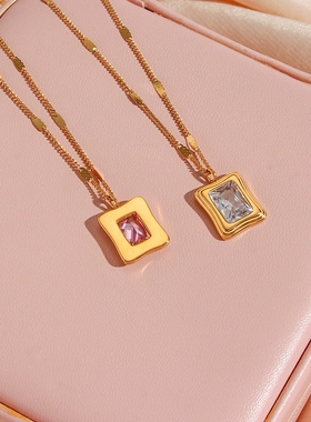 欧美INS简约几何方形项坠饰品 小众潮流不锈钢镀18K冰糖吊坠项链