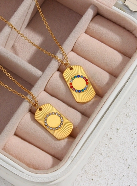 欧美ins简约摩登个性项坠饰品 不锈钢镀18K锆石圆环牌子吊坠项链