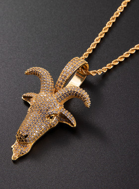 欧美潮流新款嘻哈吊坠微镶锆石山羊头rapper个性项链锁骨链男女