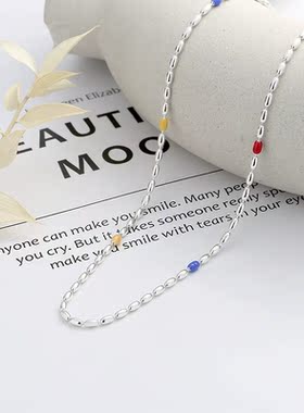 S925纯银欧美简约个性橄榄链拼接滴胶糖果色点缀甜美项链