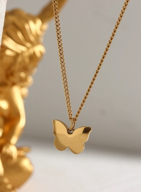 欧美ins摩登个性流行项坠饰品女 小众潮流不锈钢光面蝴蝶吊坠项链