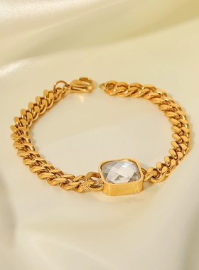 INS风新款钛钢锆石吊坠手链18K金玻璃石粗古巴链条不锈钢手链首饰