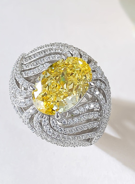 欧美经典珠宝蛋形艳彩黄冰花切8*12高碳钻仿真黄蓝宝色人造石戒指