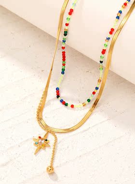 跨境新品欧美流行时尚多层彩色镶钻吊坠米珠项链简约百搭镀金项链