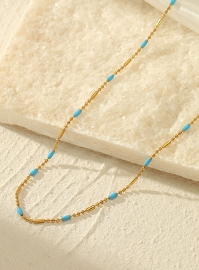 网红INS蓝色滴油不锈钢项链小众设计感气质百搭18K镀金圆珠链